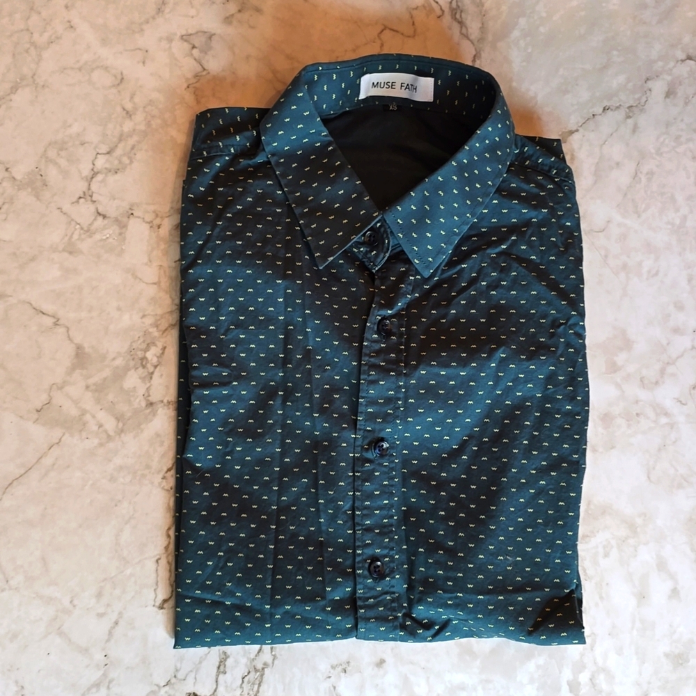 - Men's XS Muse Fath short sleeve button down - forest green and yellow